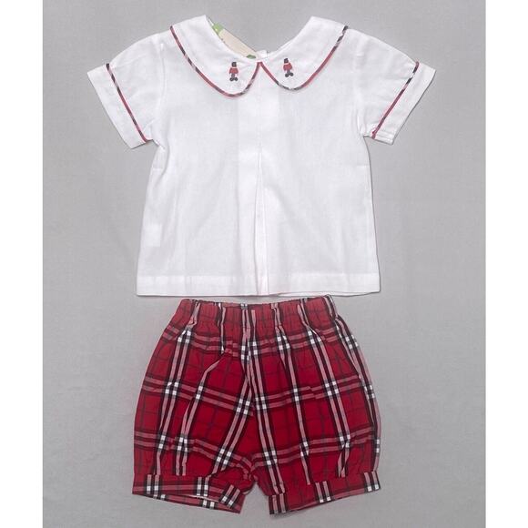 NWT The Oaks Apparel Red Plaid Toy Soldier Shirt/Shorts Set Boys 12 Mo